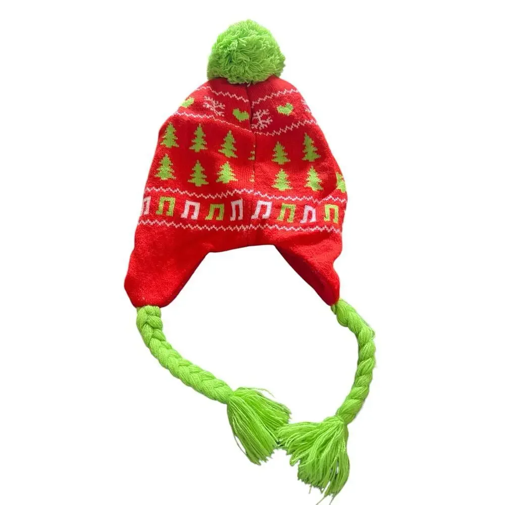 Peanuts caroling laplander hat green pom pom braided tassels NWOT